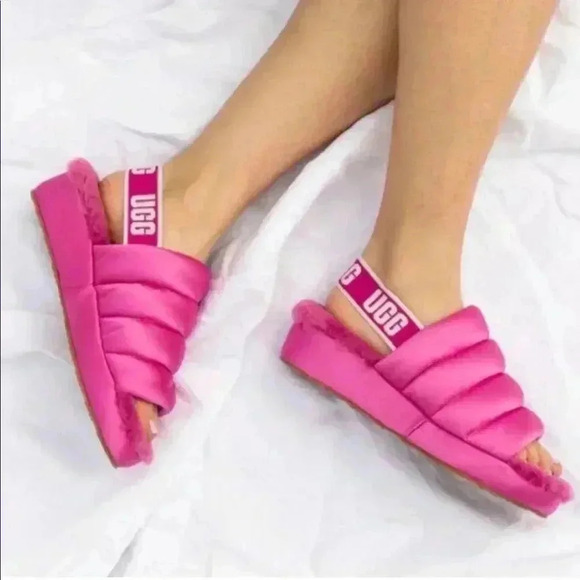 New Ugg Puff Yeah Slingback Fuchsia Satin Puffer Slippers - Picture 2 of 10